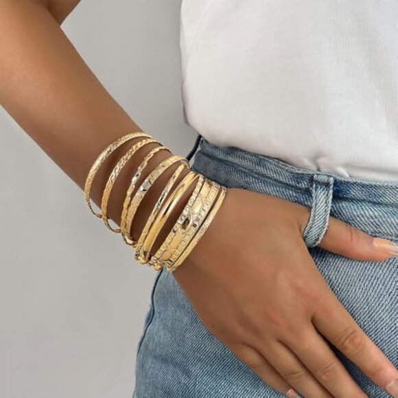 Gold Plated Stackable Bangle Bracelets Set Minimalist Boho Textured Adjustable - Picture 3 of 8